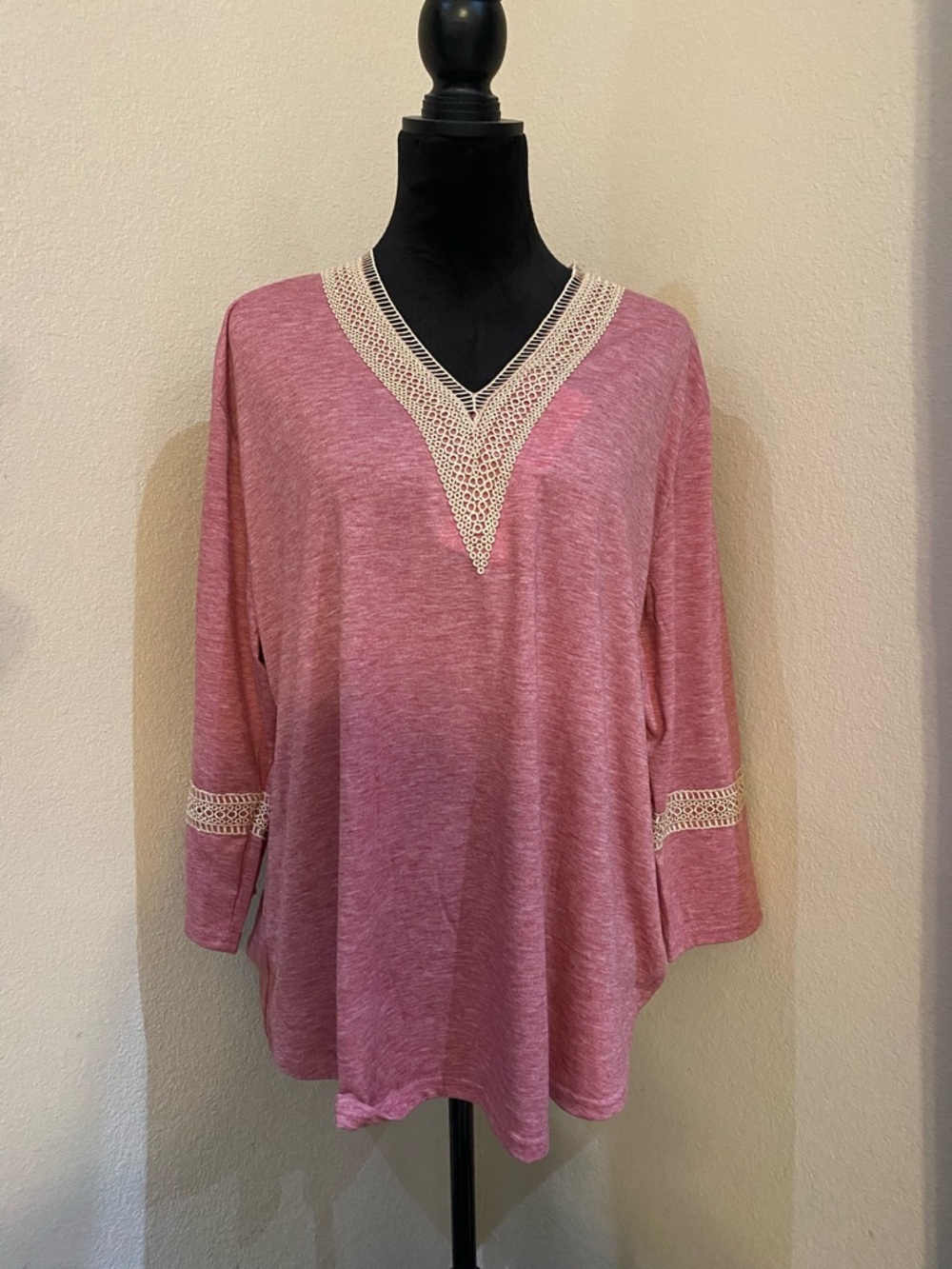 Women's Pink V-Neck Crochet Trim Top